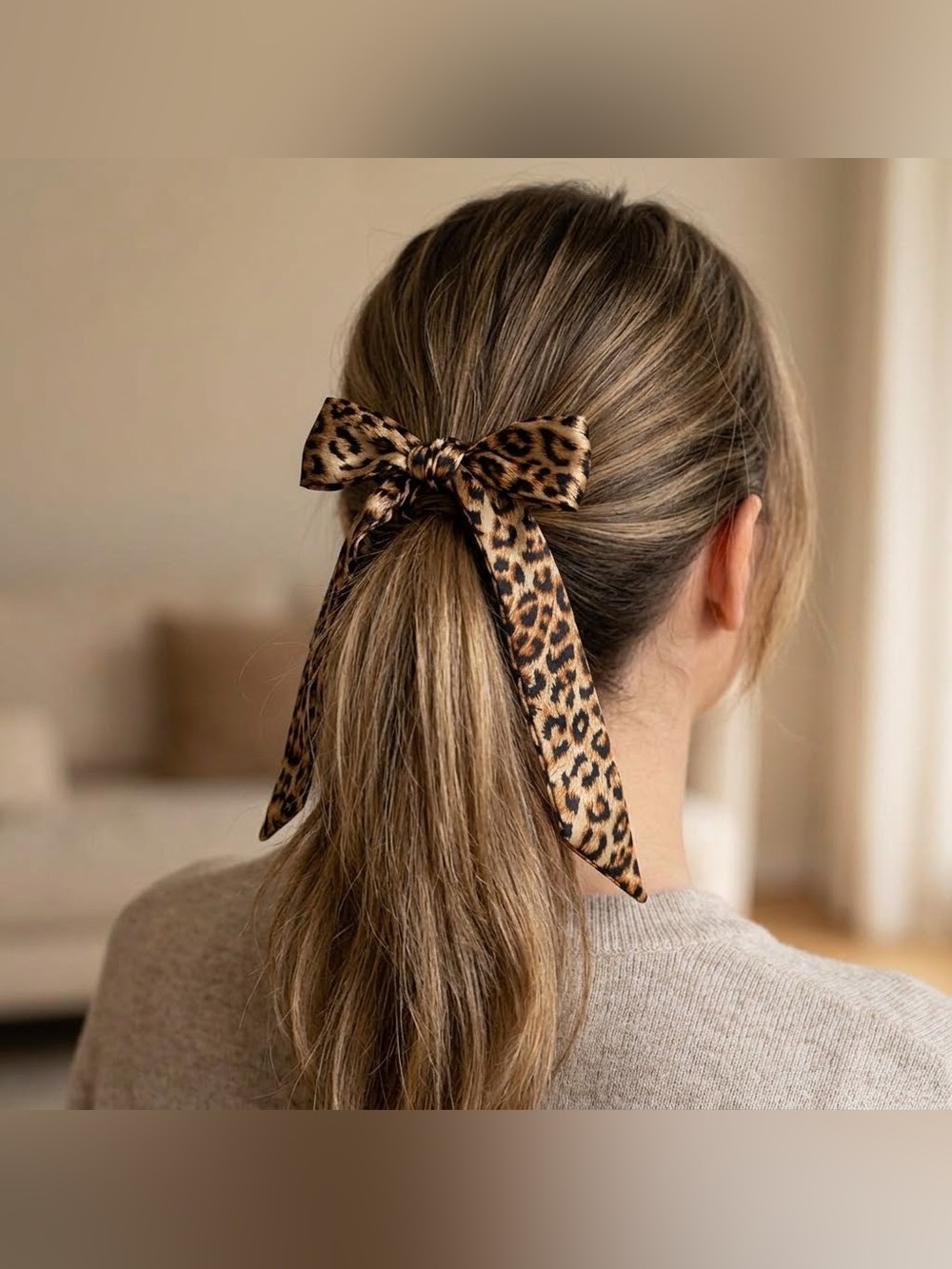 Leopard Print Twilly Scarf Hair Bag Tie Satin Brown and Gray Tones Set of 2